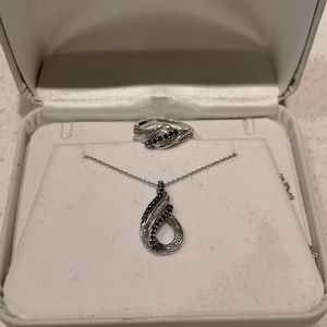 Black Diamond and white Baguette Diamond Slant Ring and Necklace